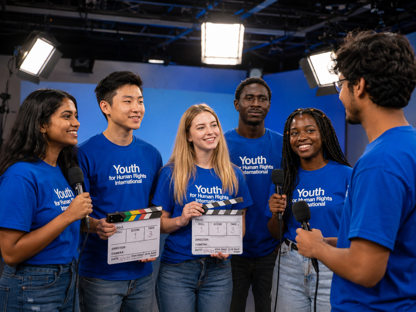Young filmmakers with clapperboards and microphones